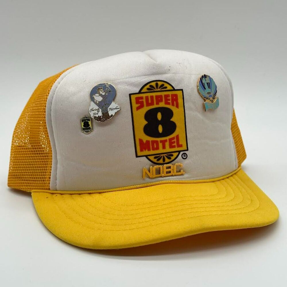 Vtg Super 8 Motel Trucker Hat with Pins Mesh Cap Yellow Snap Back Adj Flat Bill